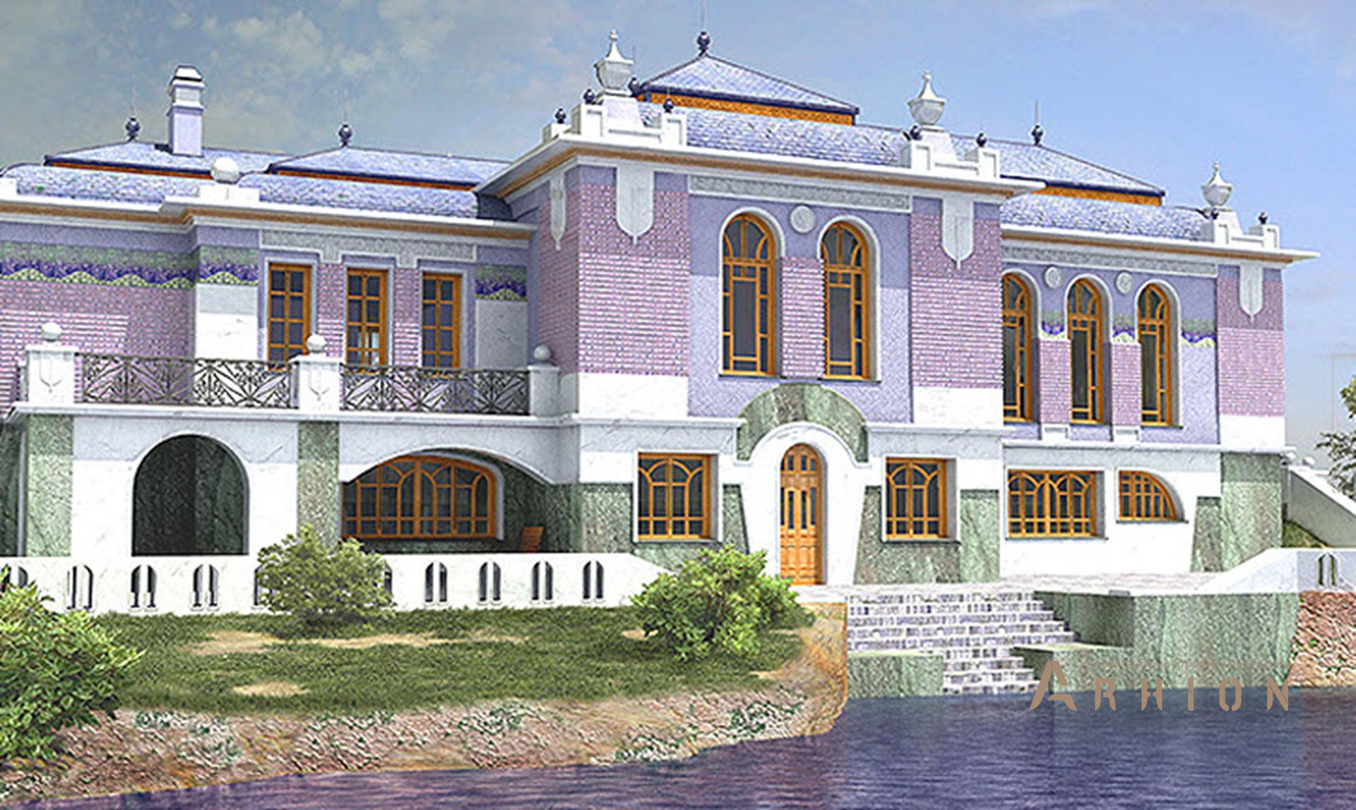 6. Проект двухэтажного дома в дворцовом стиле с многоскатной кровлей, SOV-5, площадью - 797 кв c цокольным этажом, сауной, терассой, бассейном